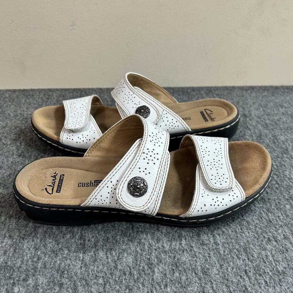 Clarks Womens Leisa Lacole Sandal Size 6 M White Leather Slide Adjustable Shoe